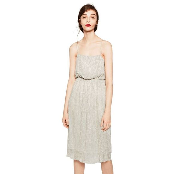 Like New Zara Iridescent Champagne Shimmer Delicate Strappy Midi Dress - Picture 9 of 12